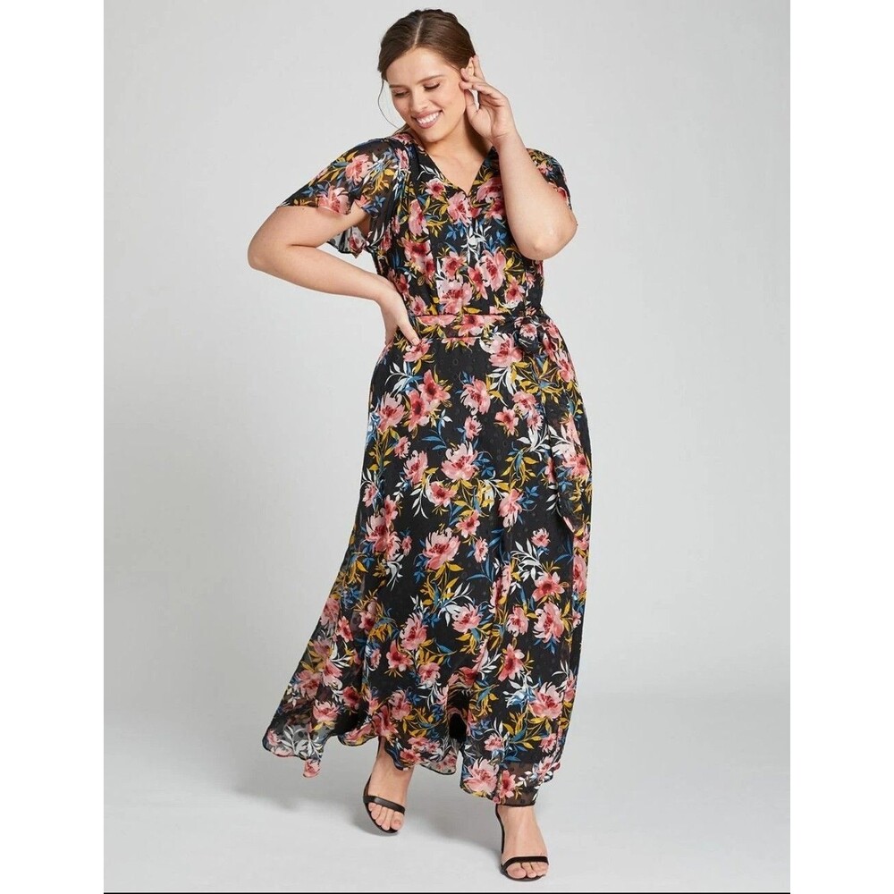 NEW LANE BRYANT BLACK FLORAL TEXTURED MAXI DRESS Plus SZ 18 Flutter Flowy Boho